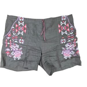 Driftwood Trevor Classic Fit Floral Embroidered Green Linen Shorts Size Large